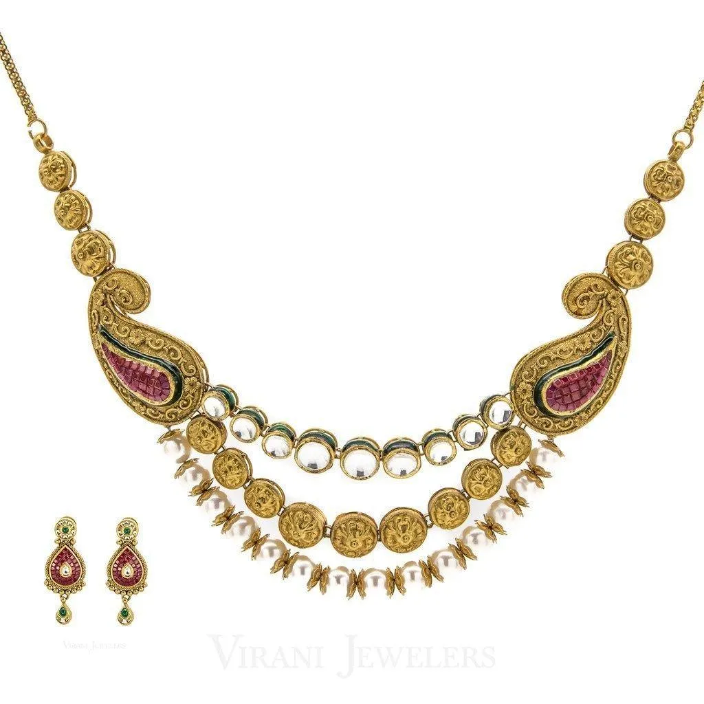 22K Antique Gold KundanNecklace & Earring Set W/ Pearl & Hand-Painted Accents