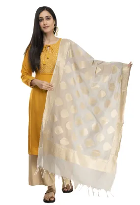 A R Silk Women's Chanderi Cotton Zari Work Light Grey Banarsi Chanderi Dupatta ARS0407