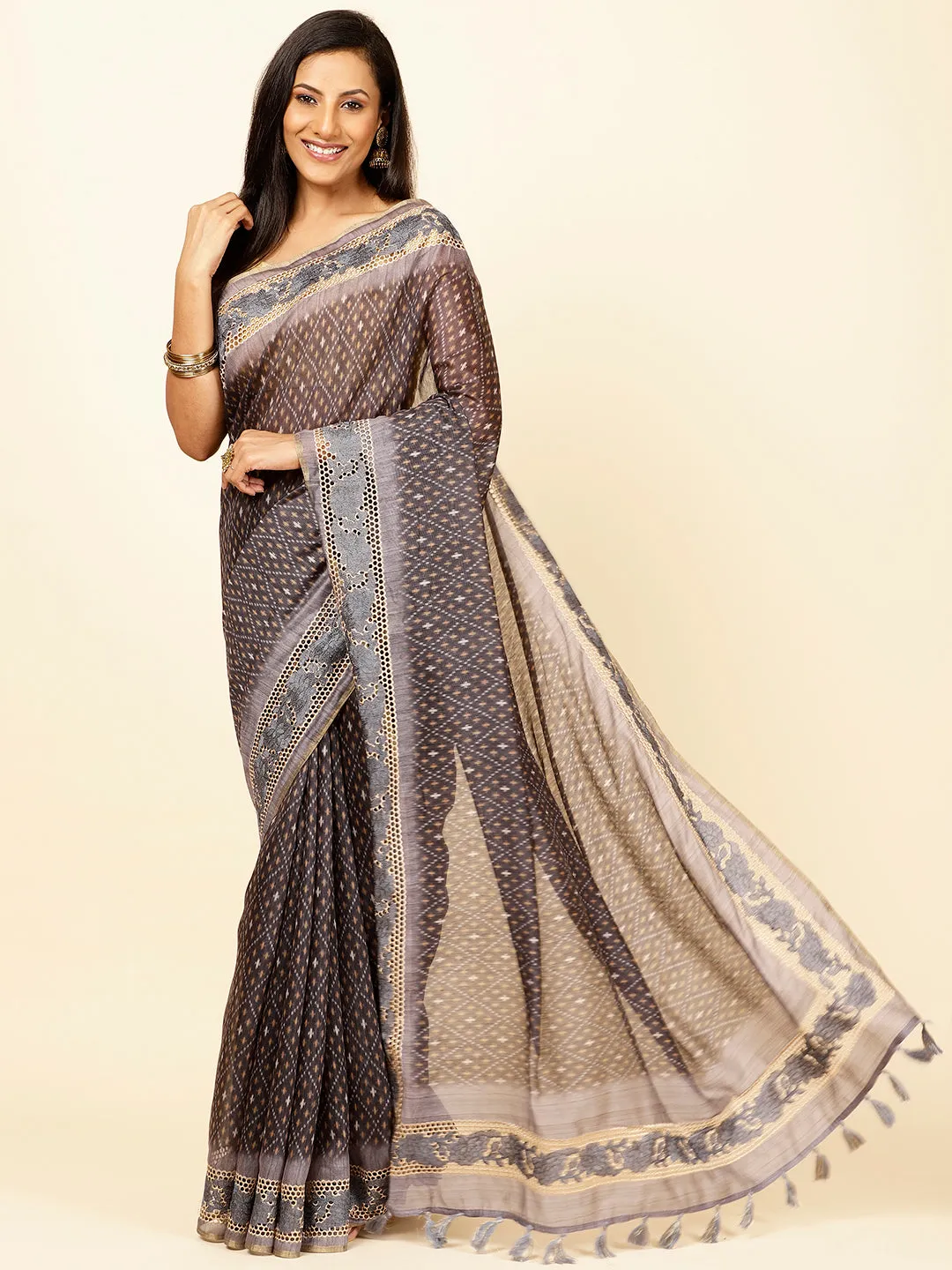 Abstract Print Cotton Saree with Tassels