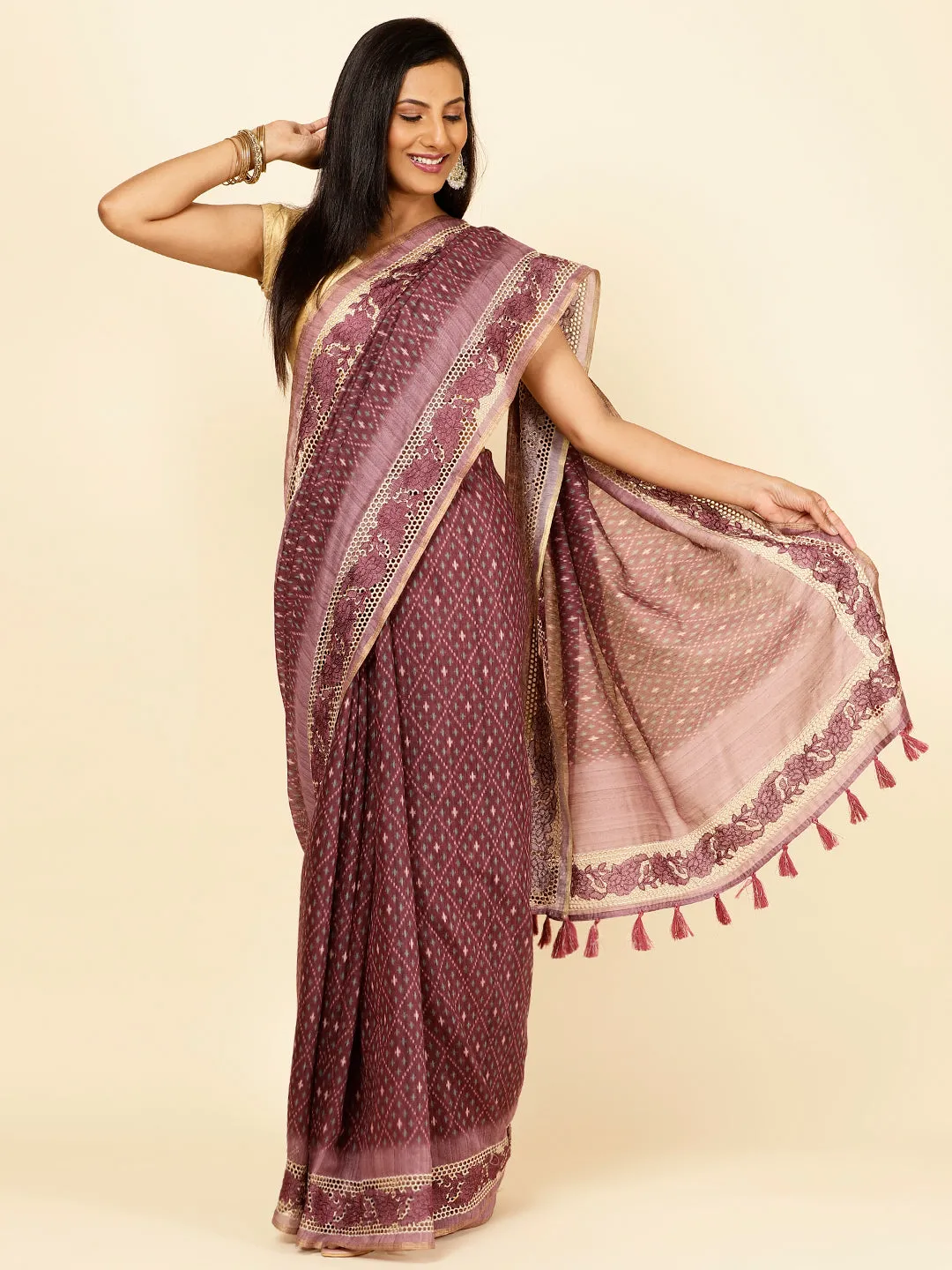 Abstract Print Cotton Saree with Tassels