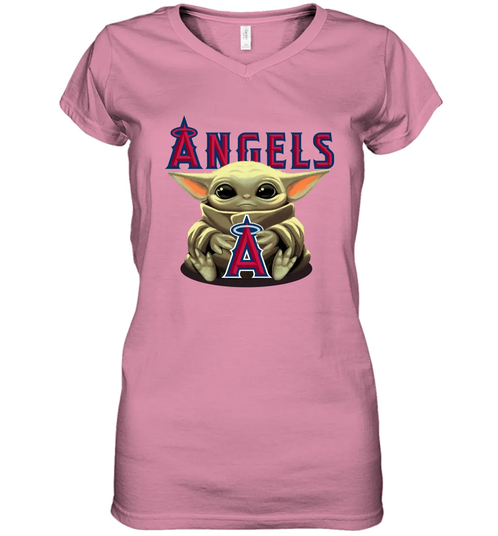 Baby Yoda Hugs Loves The Los Angeles Angels Baseball Womens V-Neck T-Shirt