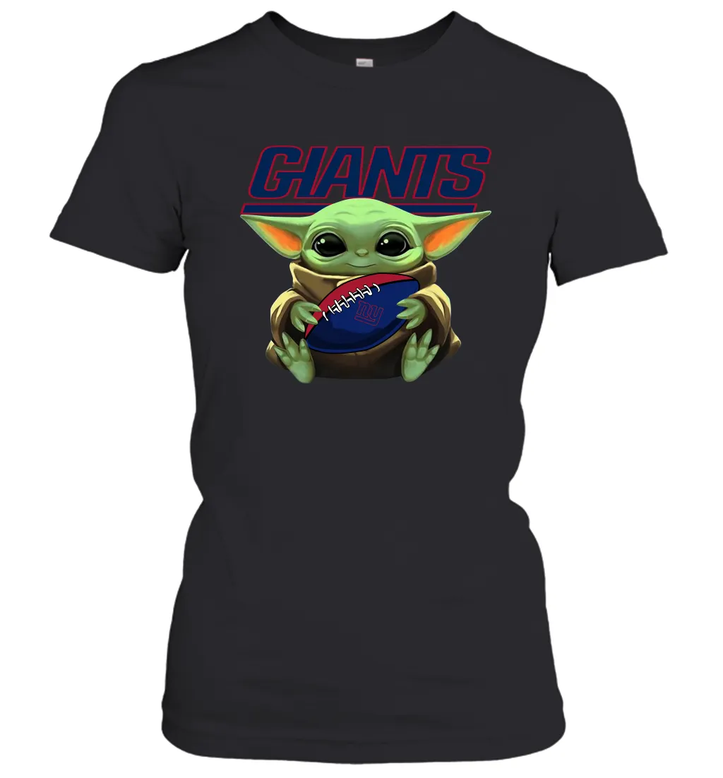 Baby Yoda Loves The New York Giants Star Wars Baby Yoda Hugs Giants NFL Womens T-Shirt