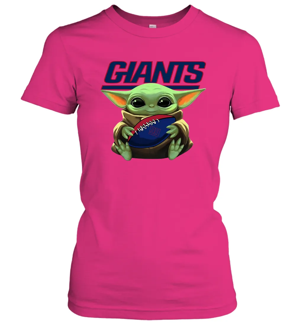 Baby Yoda Loves The New York Giants Star Wars Baby Yoda Hugs Giants NFL Womens T-Shirt