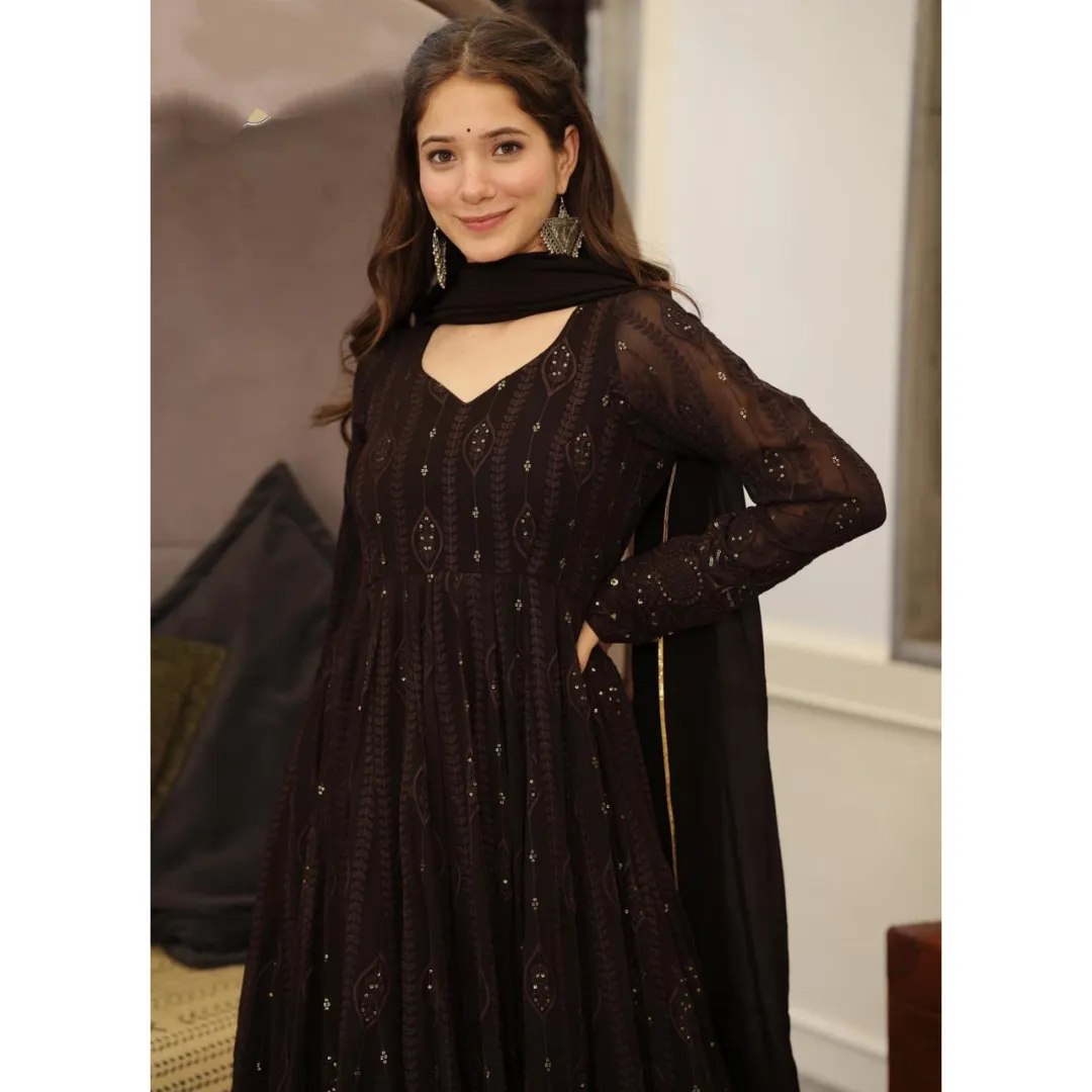 Black Party wear Women Kurti Pant Dupatta Suit