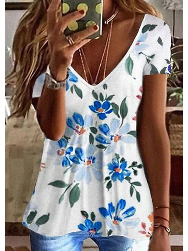 Cat Pattern V-Neck Short Sleeve Tunic for Women