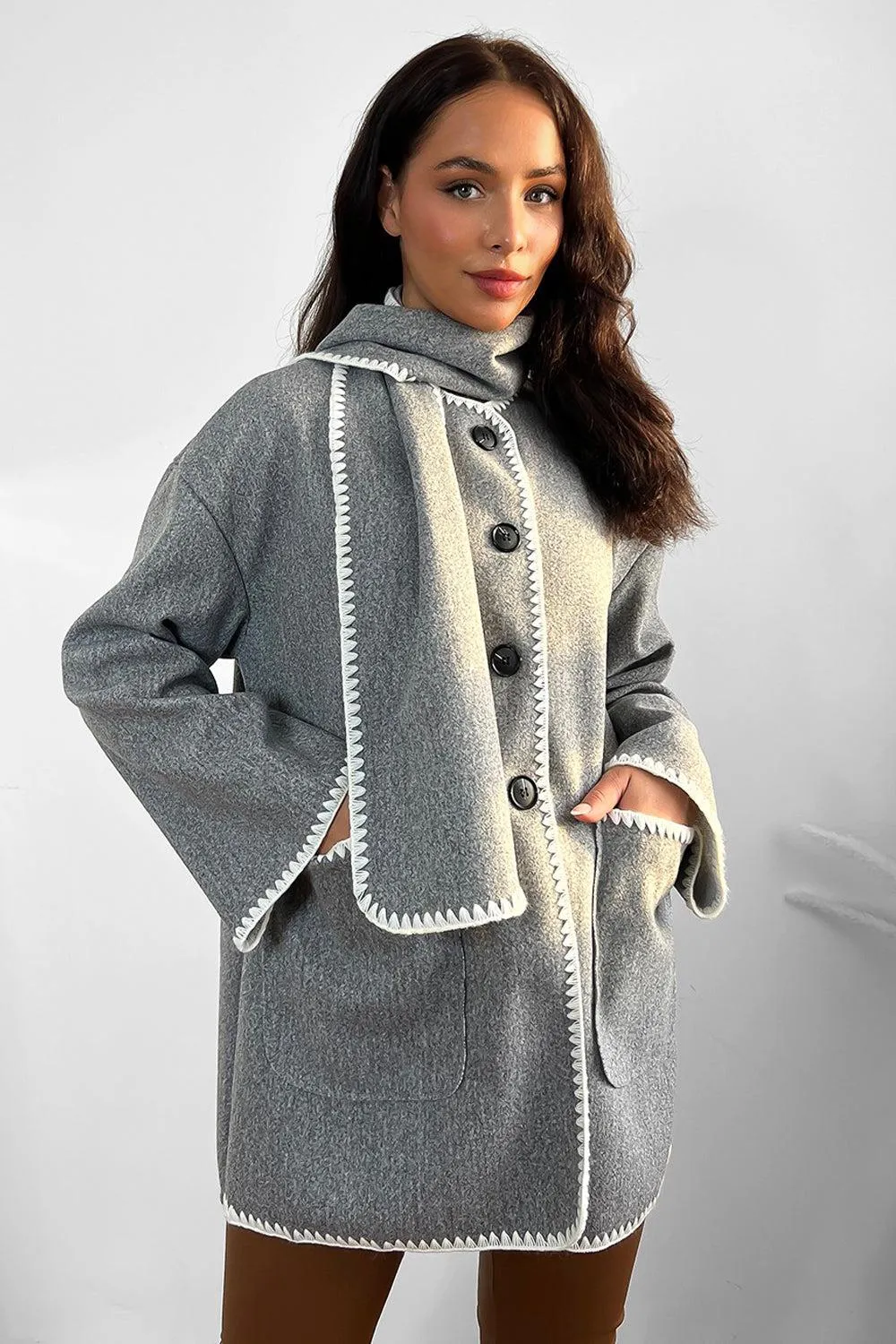 Contrast Stitch Felt Cardigan Coat With Scarf