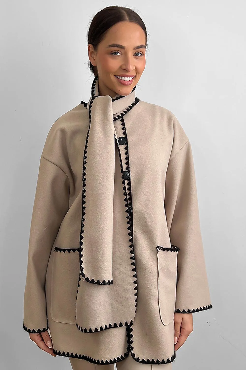 Contrast Stitch Felt Cardigan Coat With Scarf