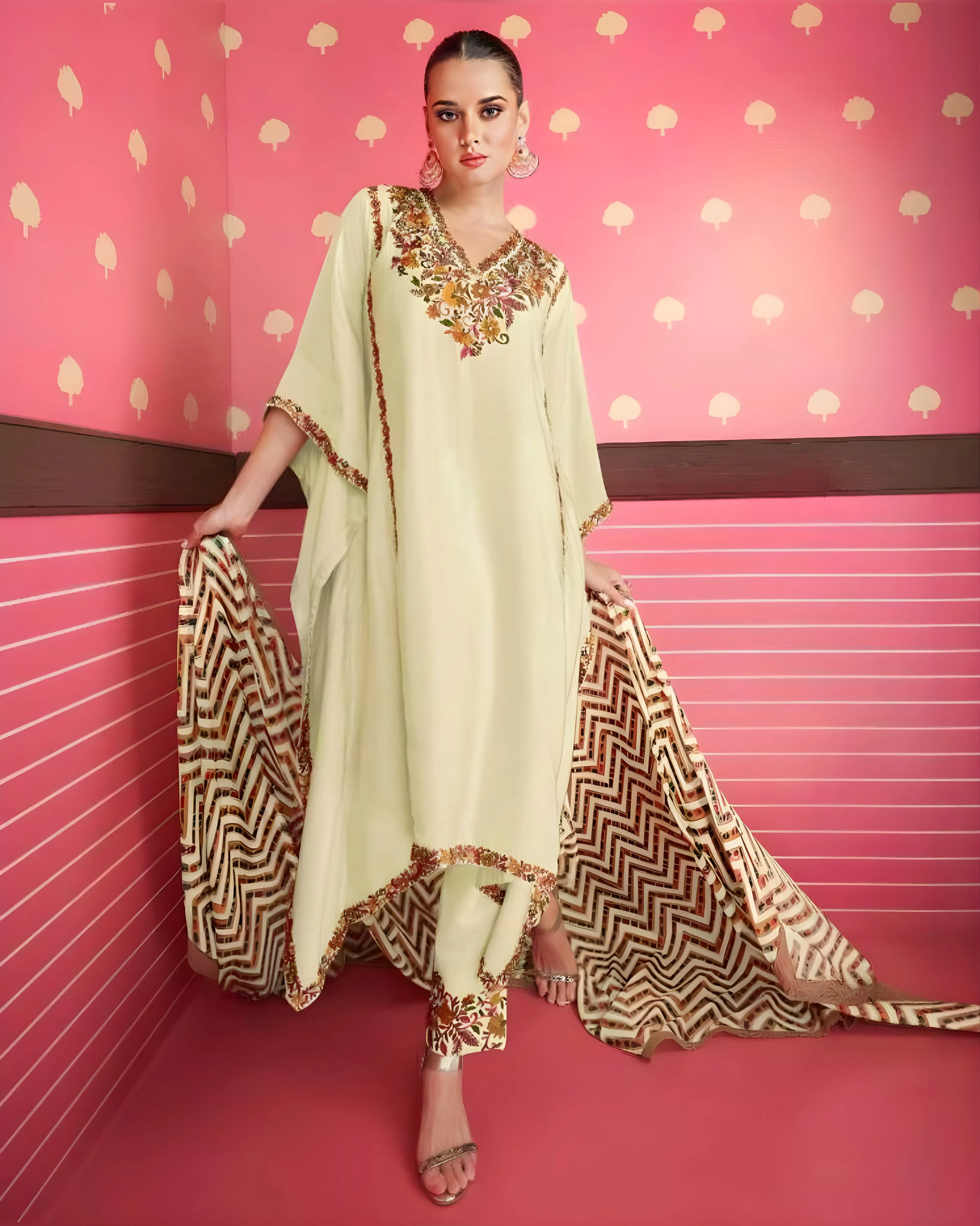 Cream Satin Kaftan Suits