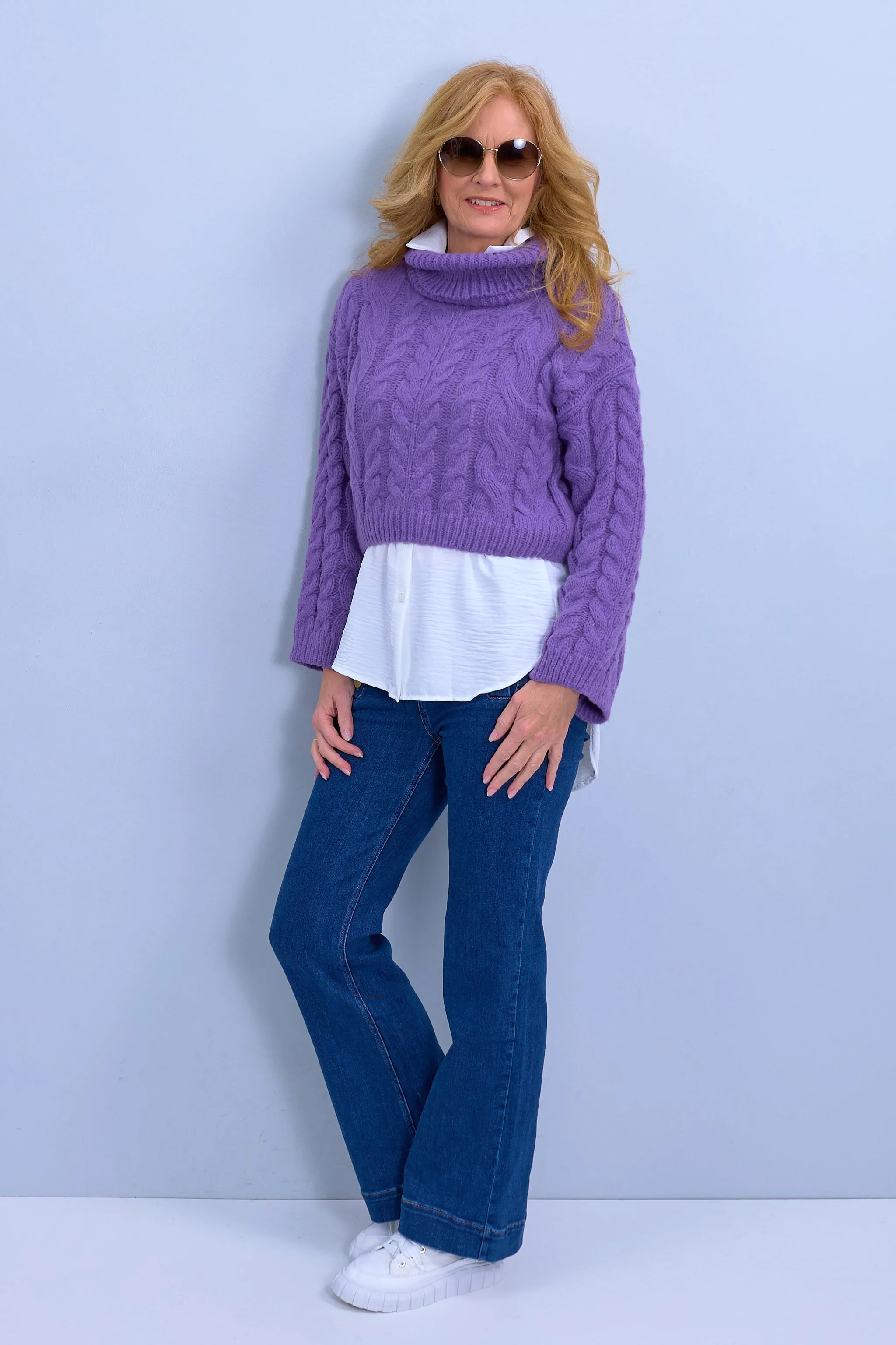 Crop Top Pulli mit Zopfmuster, lila