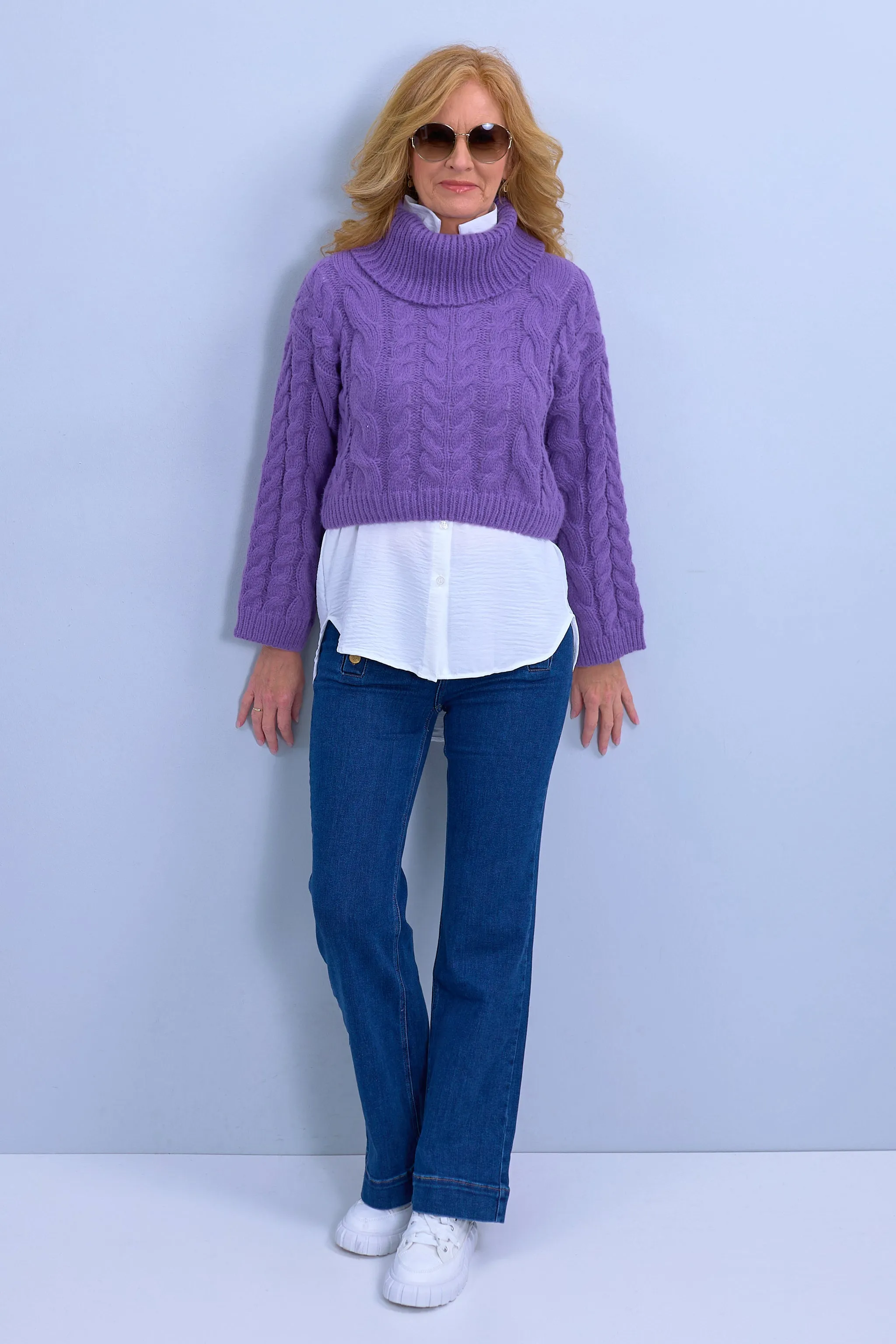 Crop Top Pulli mit Zopfmuster, lila