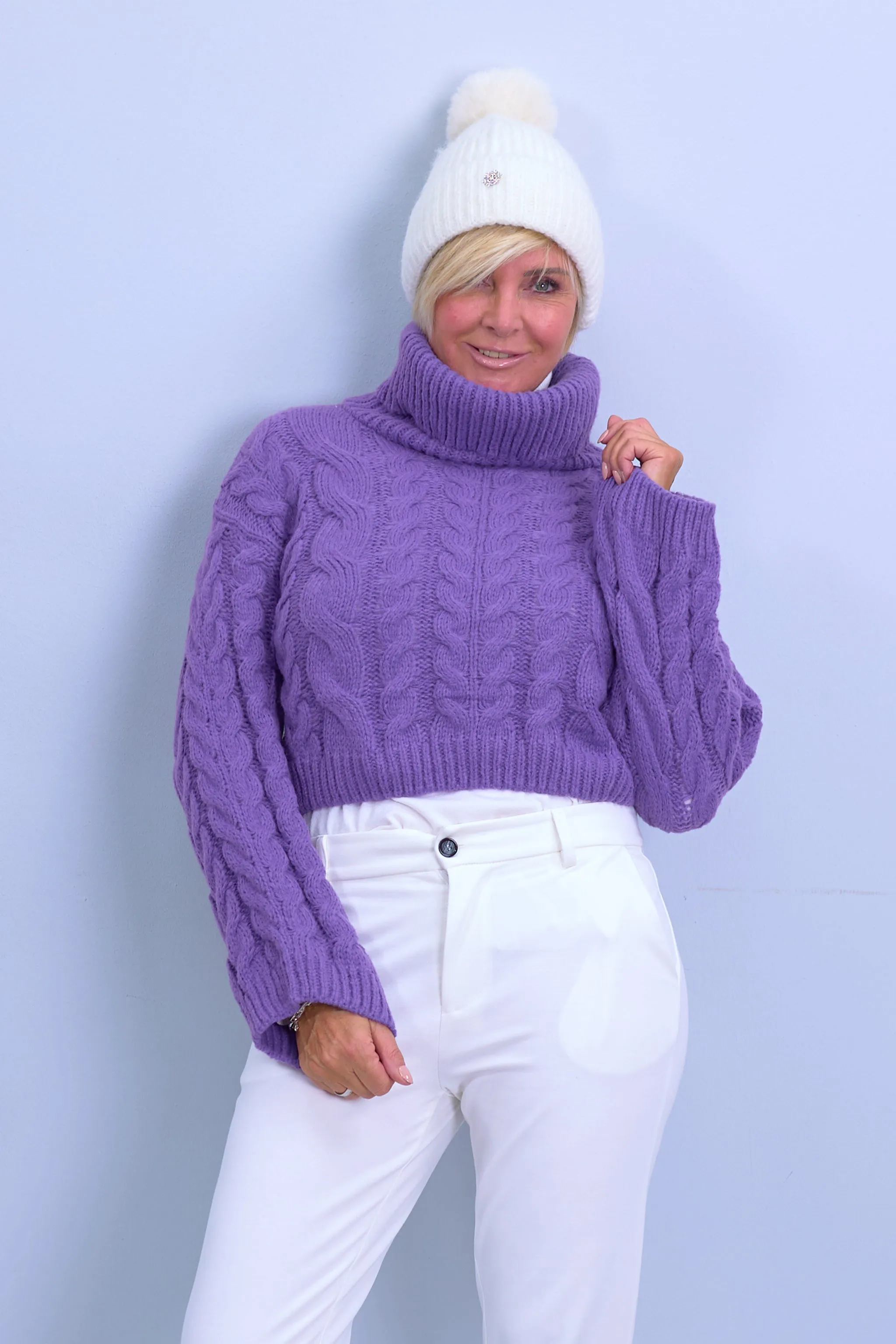 Crop Top Pulli mit Zopfmuster, lila