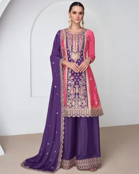 Embroidered Chinon Silk Palazzo Suits Purple