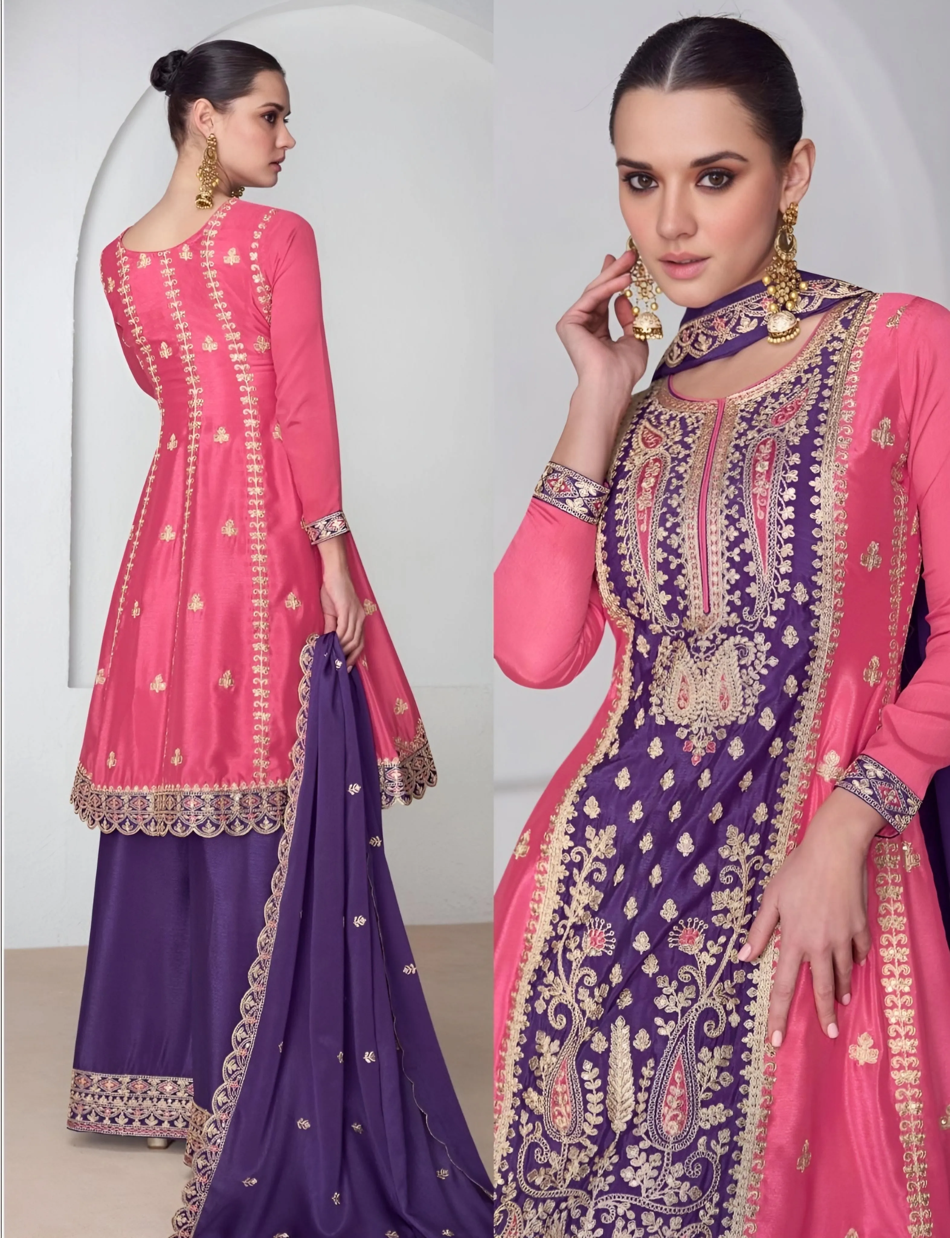 Embroidered Chinon Silk Palazzo Suits Purple