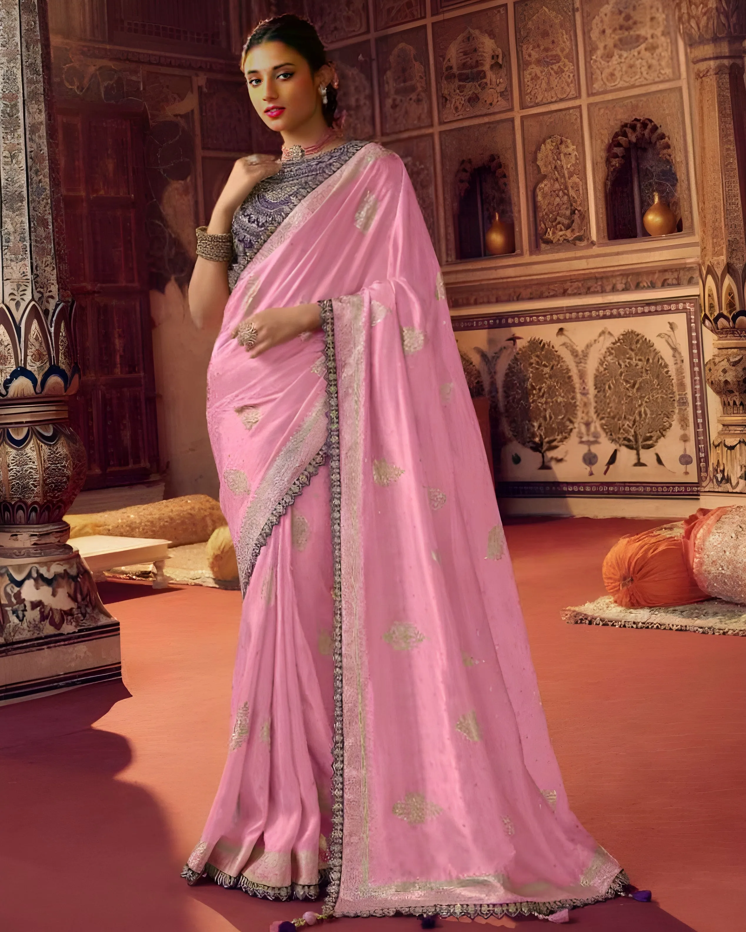 Embroidered Dola Silk Wedding  Designer Saree Pink