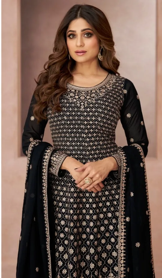 Embroidered Georgette Palazzo Suits Black