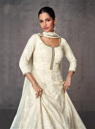 Embroidered Real Georgette Anarkali Gown White