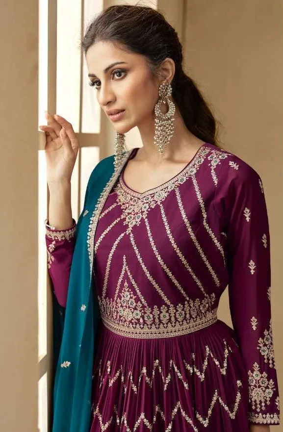 Embroidered Real Georgette Skirt Style Salwar Suits Purple