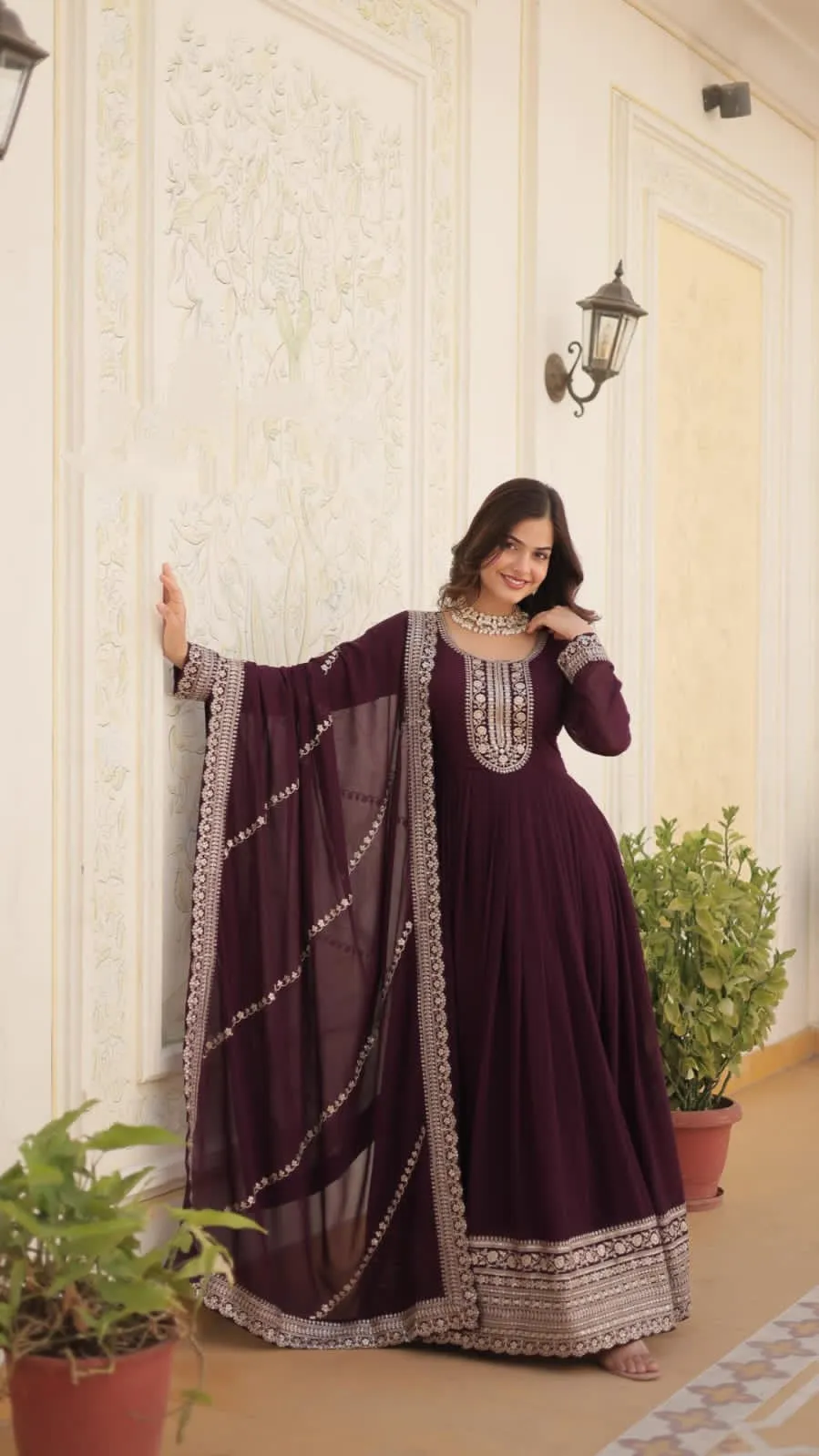 Embroidery Sequence Wedding wear Wine Women's Gown Dupatta Suit