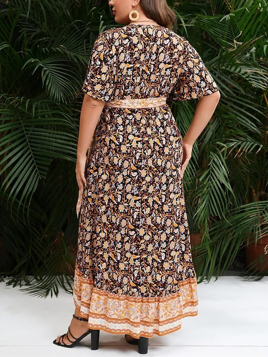 Floral Print Long Sleeve V-Neck Maxi Dress for Plus Size Women