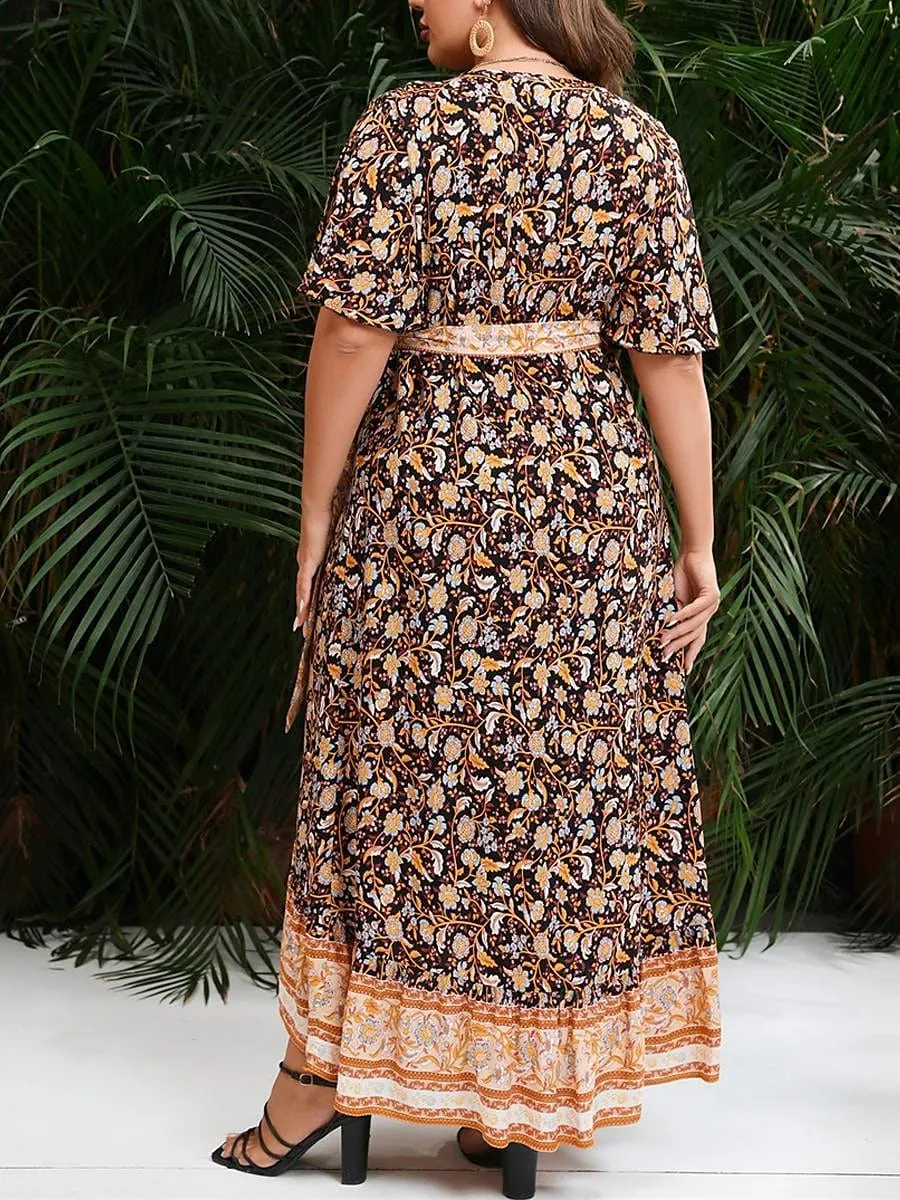 Floral Print Long Sleeve V-Neck Maxi Dress for Plus Size Women