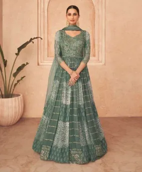 Floral Real Georgette Gown Green