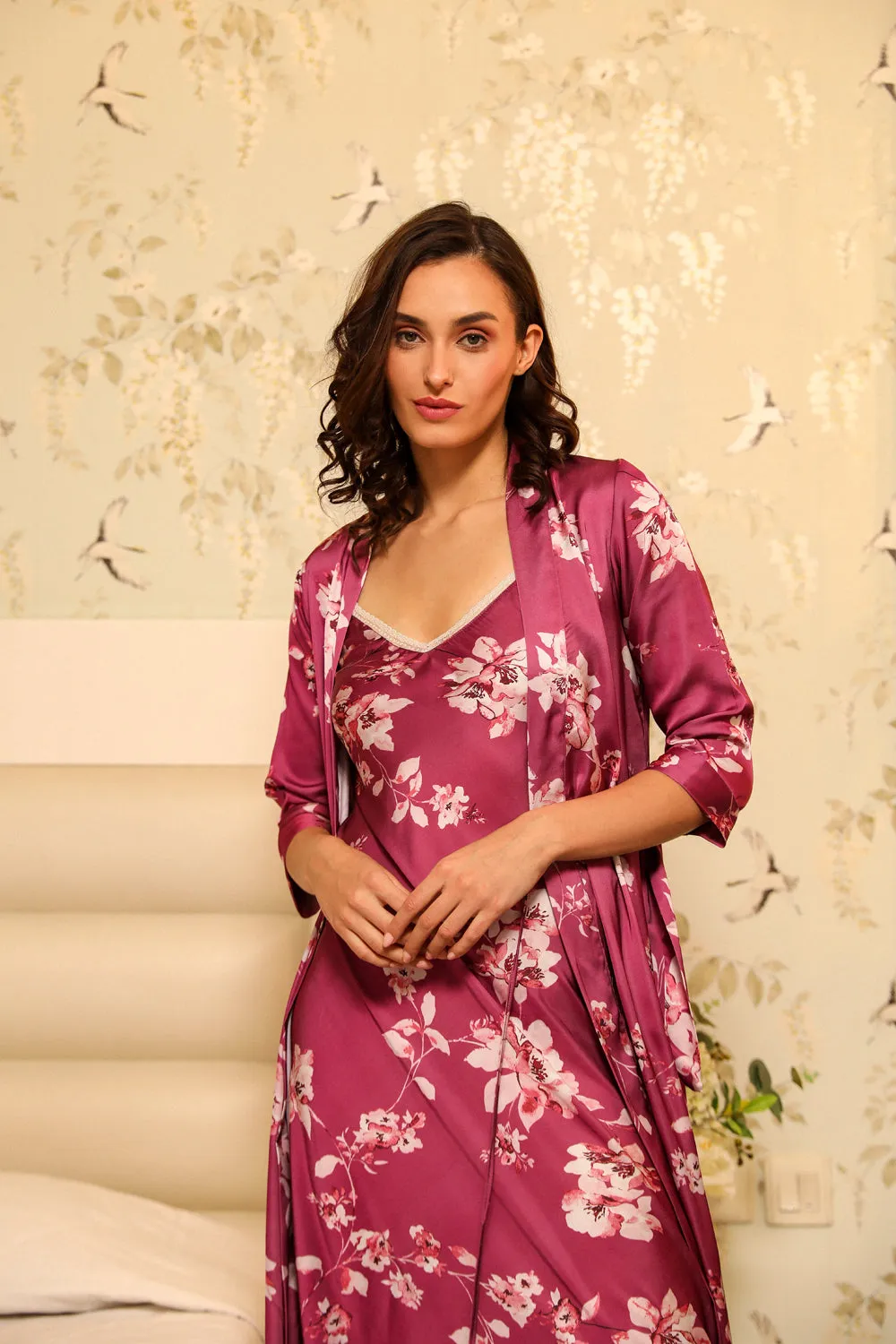 Floral Satin Nightgown set