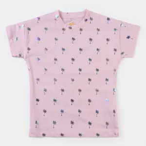 Girls Cotton Jersey T-Shirt H/S Palm Tree-Light Pink