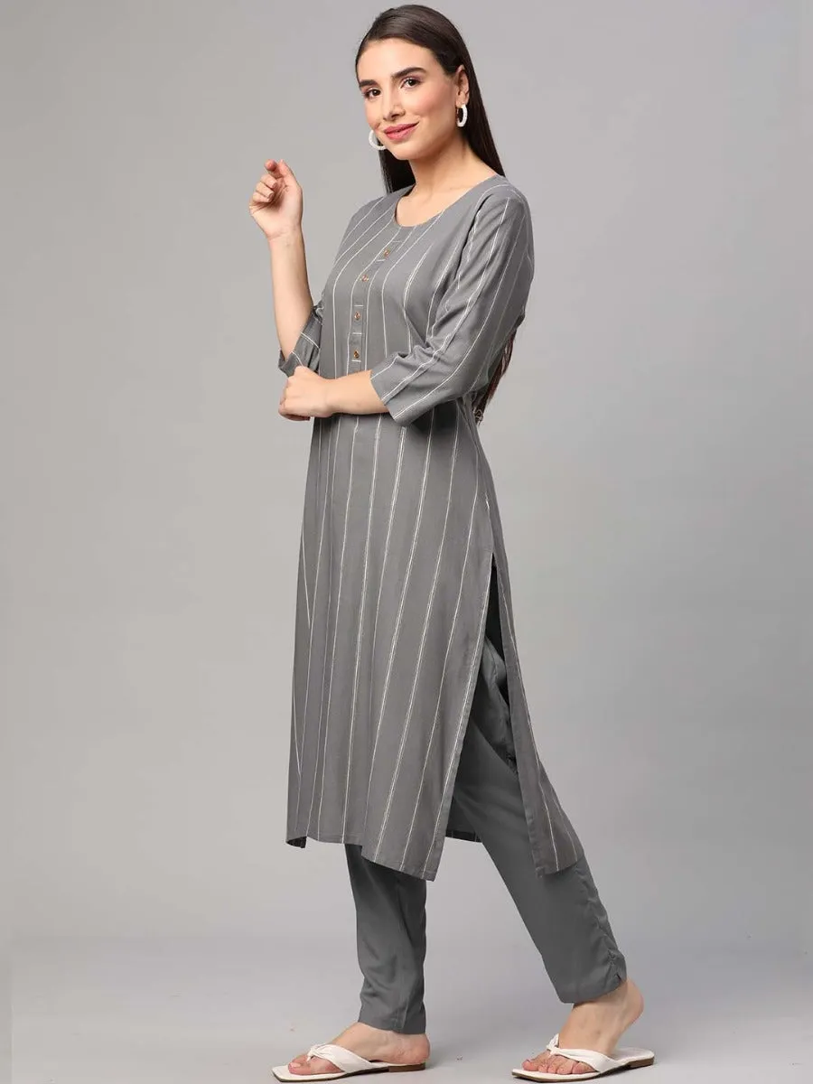 Grey Stripe Printed Kurta Trouser Dupatta