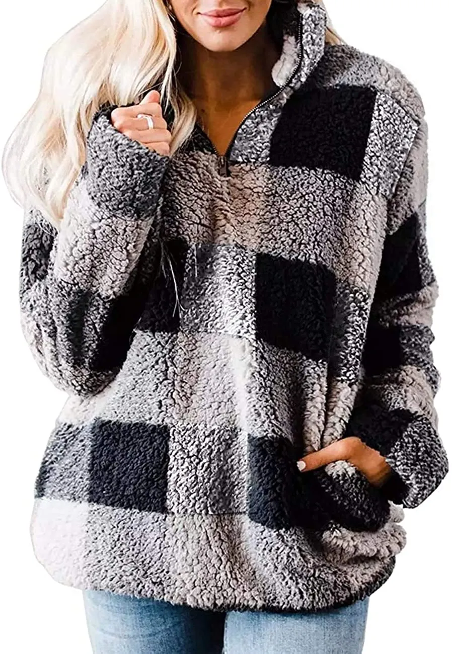 Haute Edition Women's 1/4 Zip Buffalo Plaid Sherpa Sweatshirt