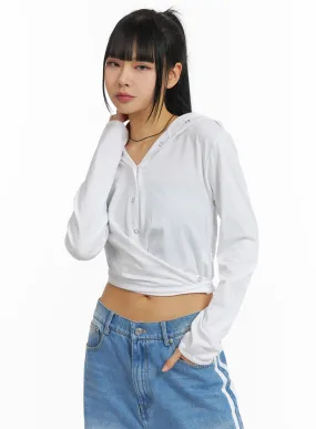 Hooded Solid Ruched Long Sleeve Tee CM407