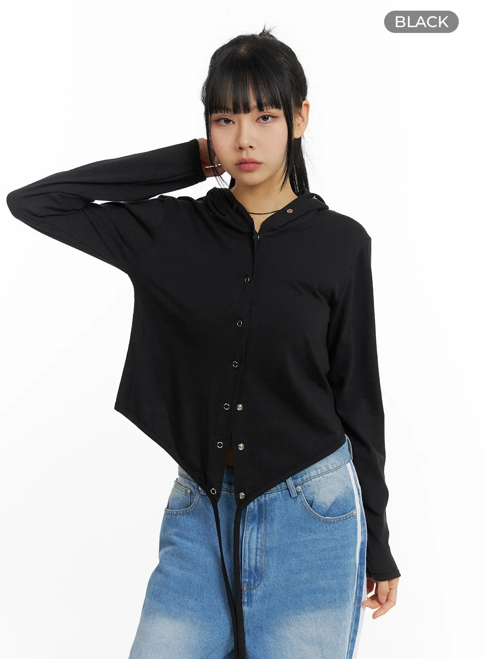 Hooded Solid Ruched Long Sleeve Tee CM407