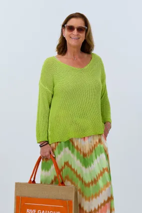 Leichter, grobgestrickter Pulli mit V-Ausschnitt, kiwi