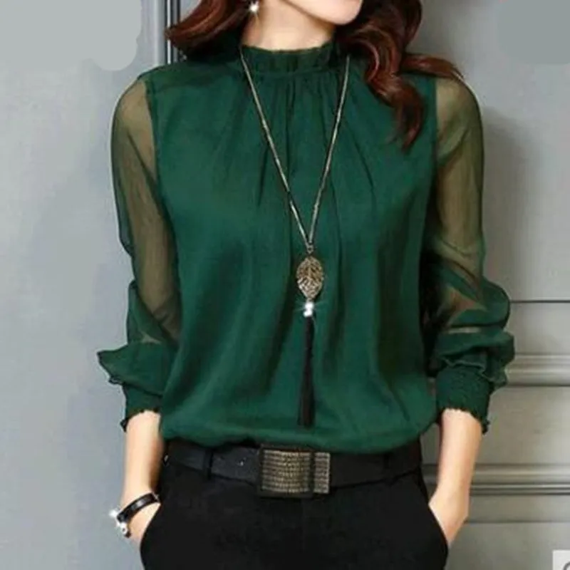 Long Sleeve Chiffon Blouse Top - Green