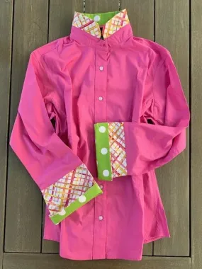 SALE - S ONLY - Bell Sleeve Shirt - Pink w Green Polka Dots and Pink Plaid (B02)  **FINAL SALE**