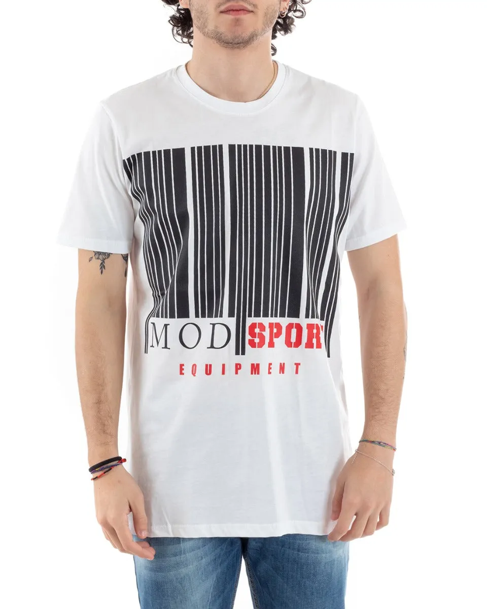 T-Shirt Uomo MOD Bianca Stampa Scritta Righe Manica Corta Girocollo Casual GIOSAL