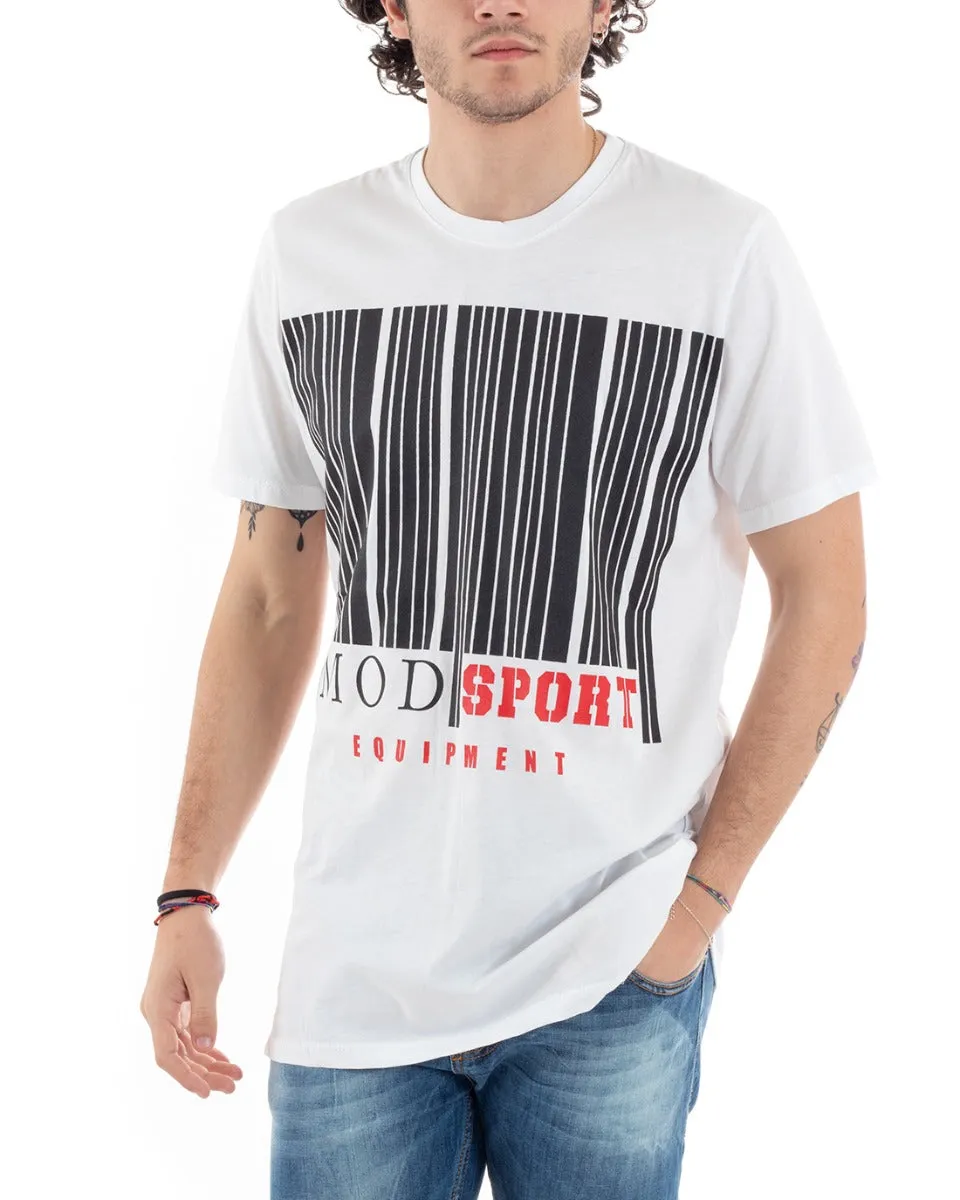 T-Shirt Uomo MOD Bianca Stampa Scritta Righe Manica Corta Girocollo Casual GIOSAL