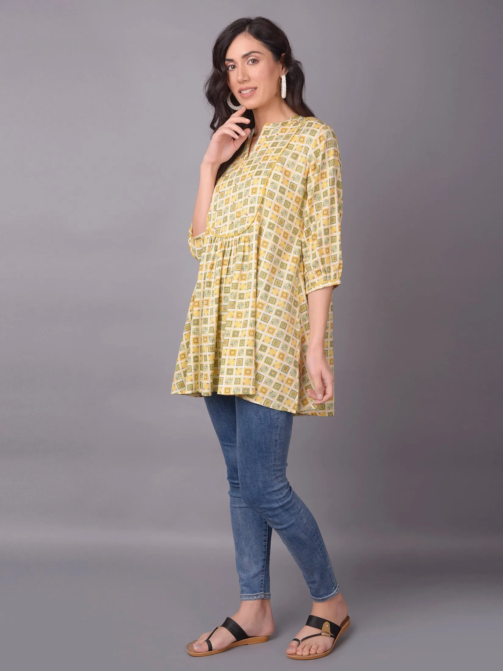 Winter Wear - Women Mustard Geometric Printed Tunic