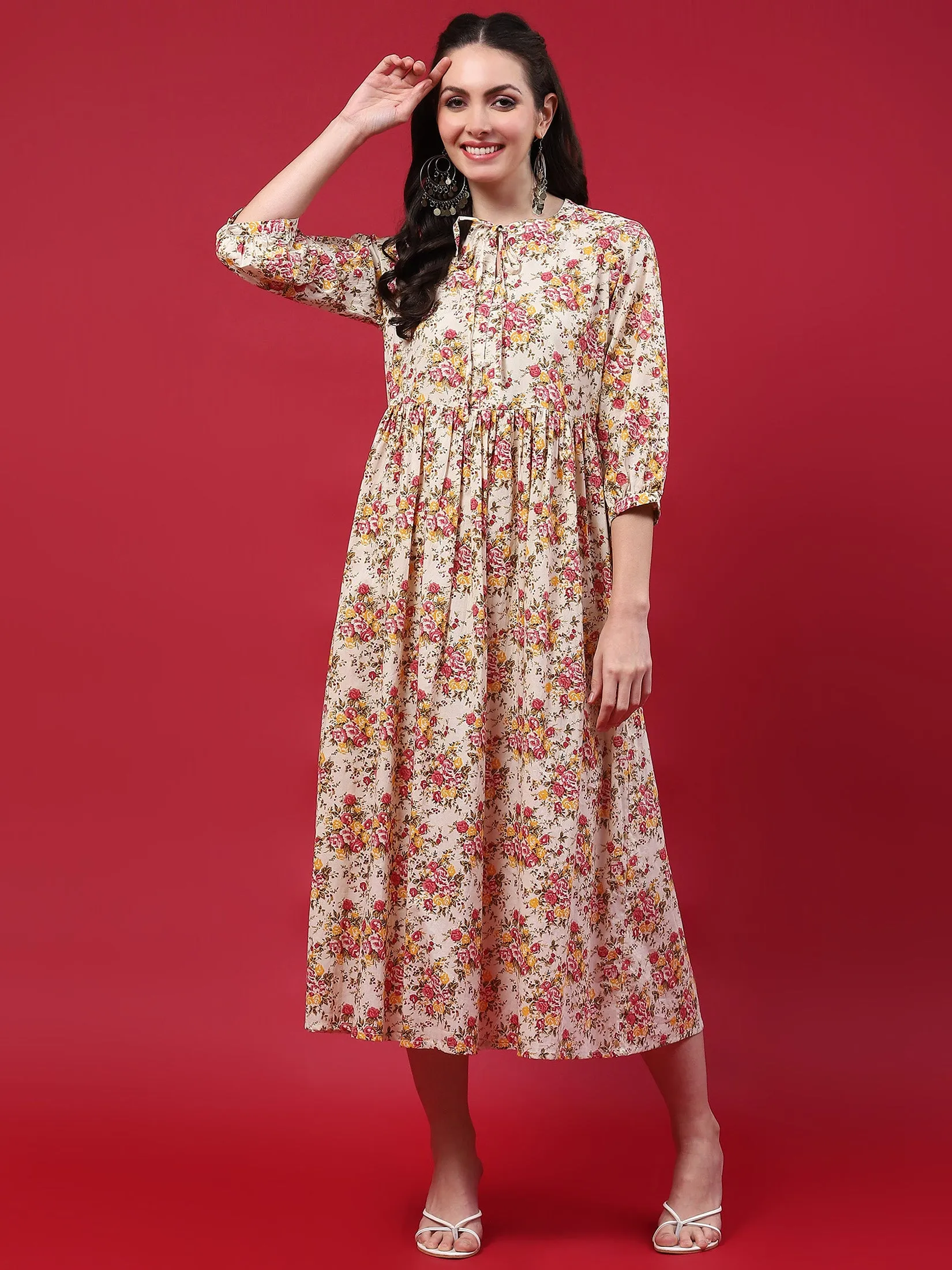 Women Beige Floral Printed Dress