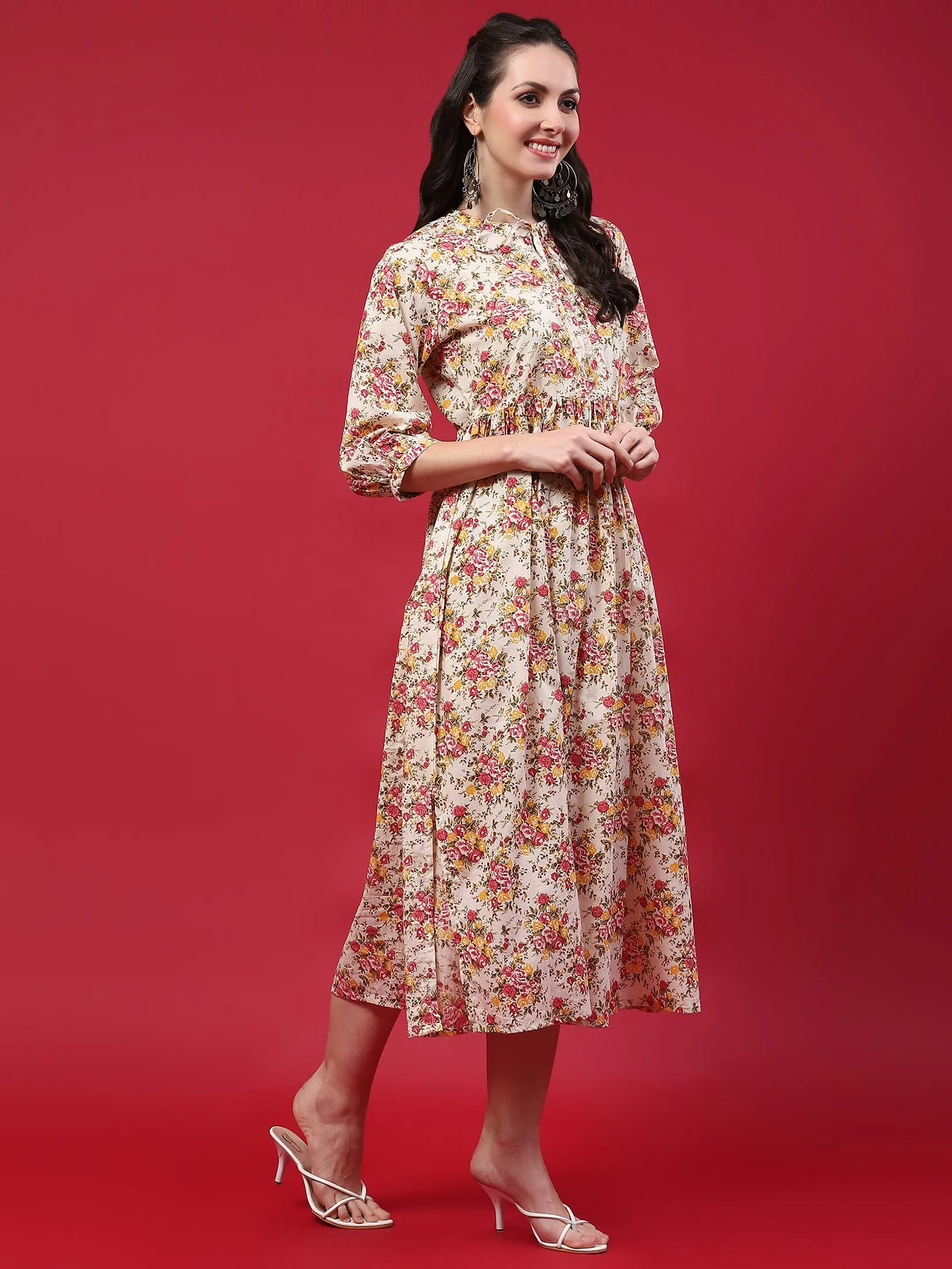 Women Beige Floral Printed Dress