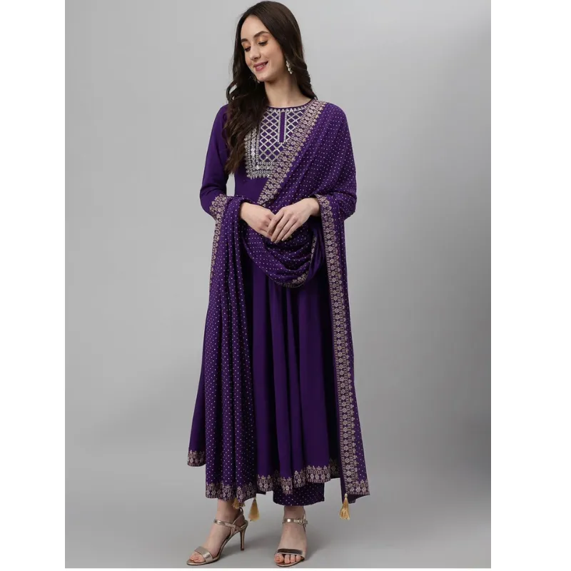 Women Reyon Purple Kurti Pant with Dupatta set