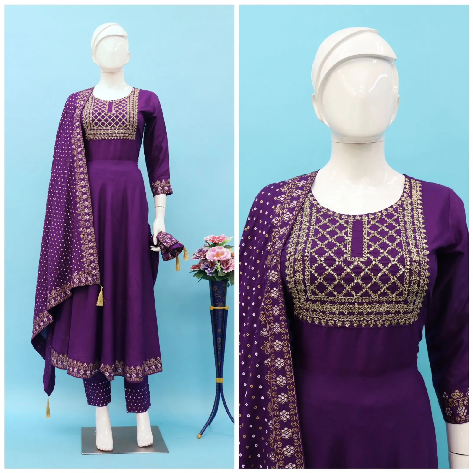 Women Reyon Purple Kurti Pant with Dupatta set