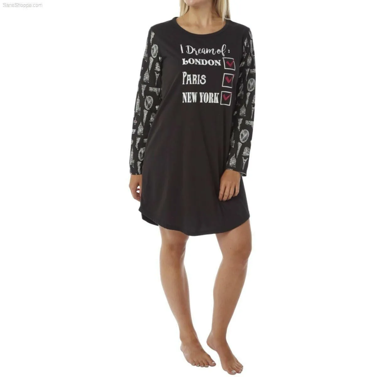 Women's Long Sleeve Jersey Nightshirt with Print Black and Ivory