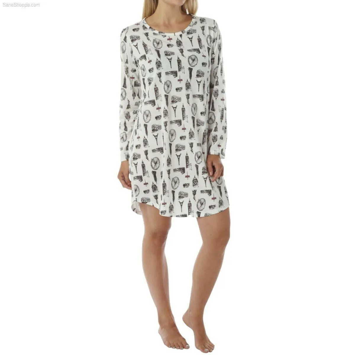 Women's Long Sleeve Jersey Nightshirt with Print Black and Ivory